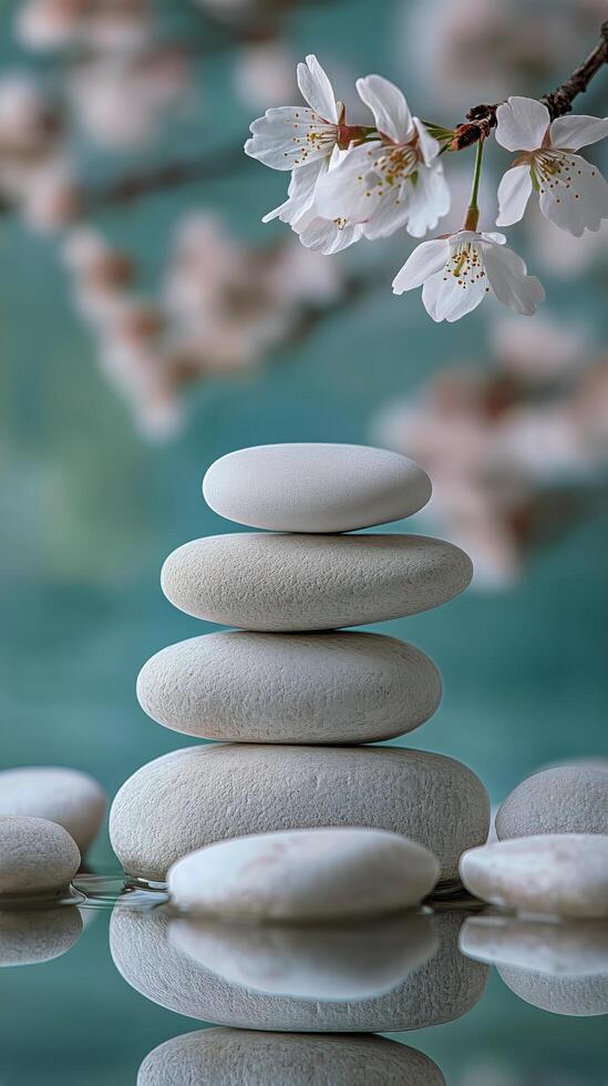 Zen stones, water, cherry blossom, reflection, zen, meditation, meditation, z photo