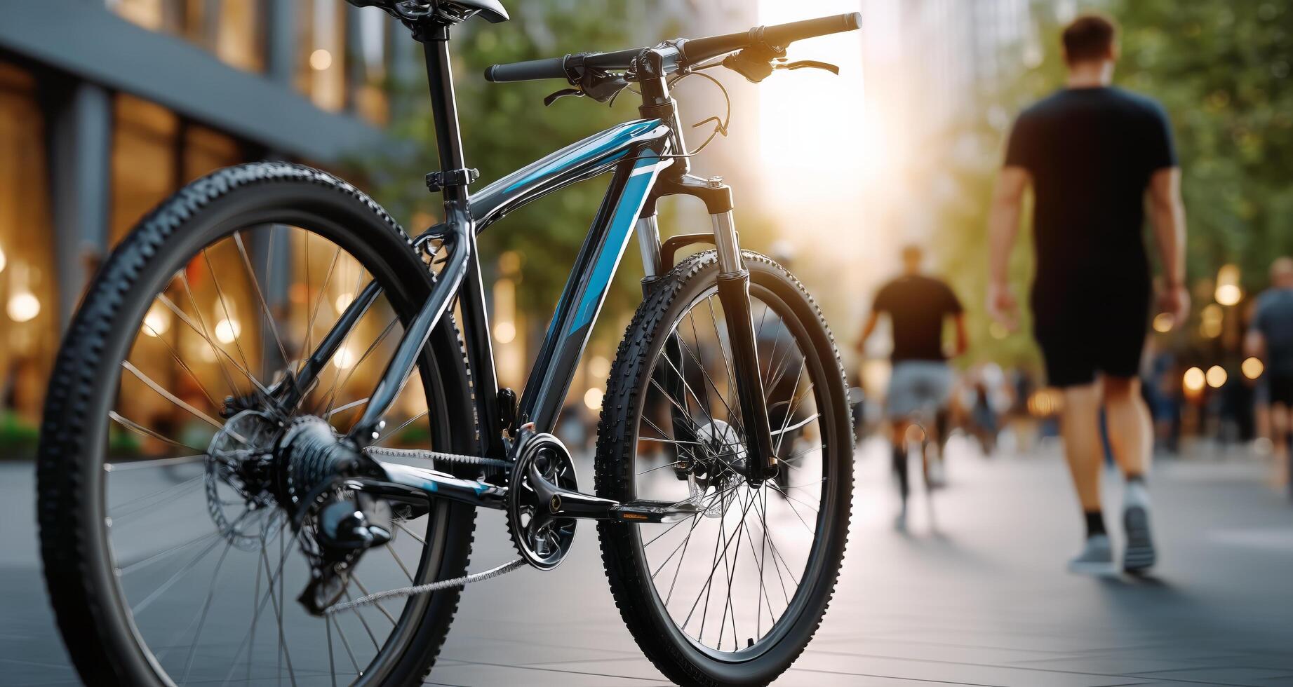 A bicycle is parked on the street in front of people photo