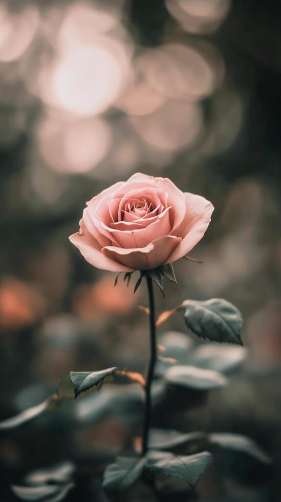 A single pink rose is shown in front of a blurry background photo