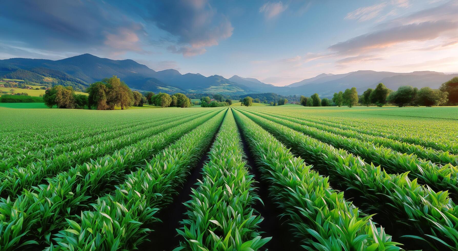 A field of corn with mountains in the background photo