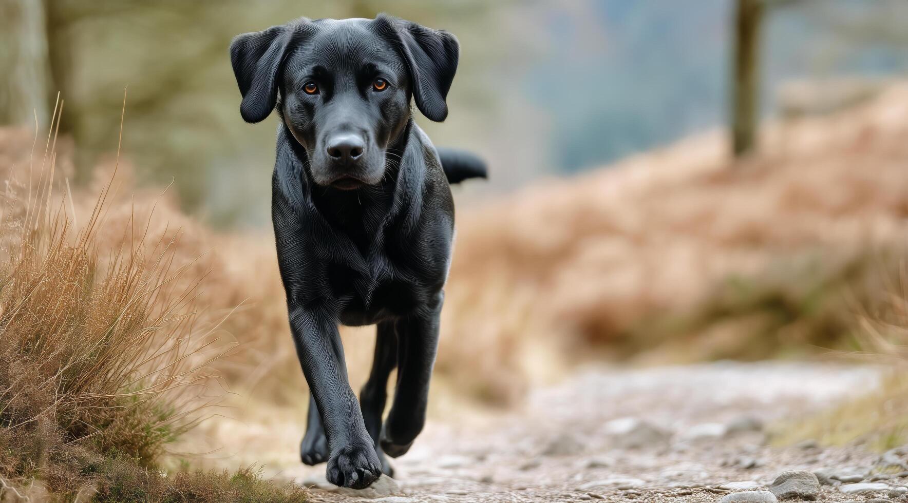 A black dog running on a trail in the woods photo