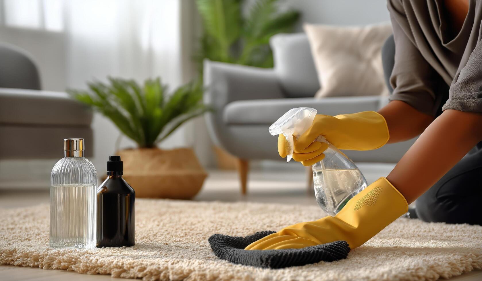 A woman in yellow gloves cleaning a carpet photo