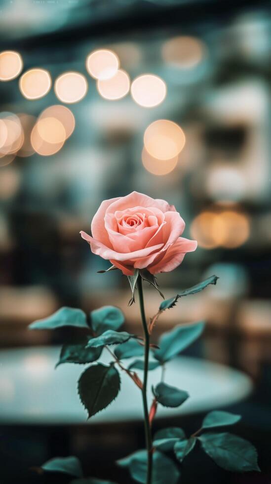 A single rose is in front of a table with lights photo