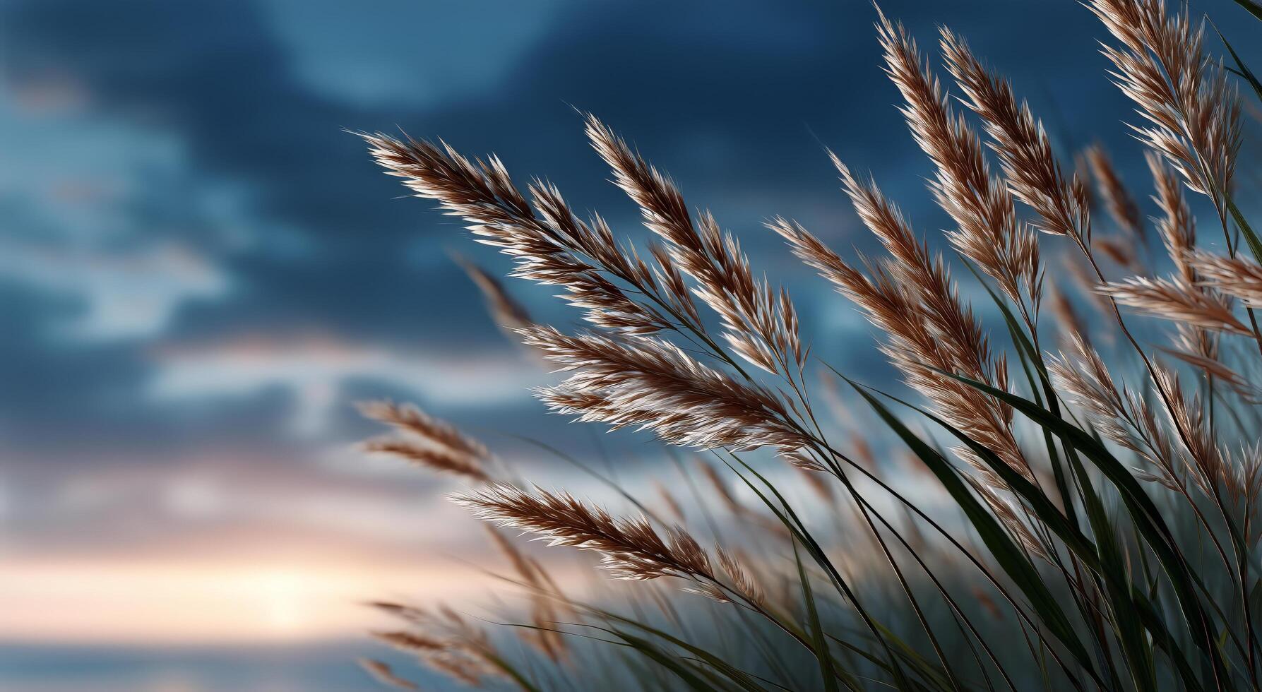 Grass on the beach at sunset with the sun in the background photo