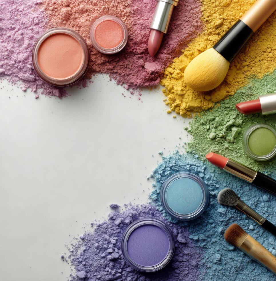 Makeup brushes and powders on a white background photo