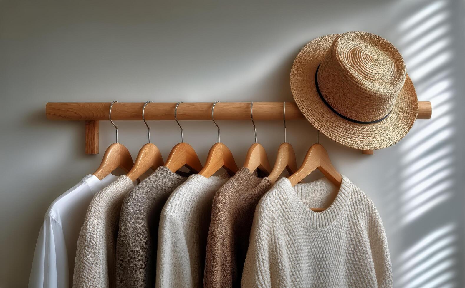 A hat and several sweaters hang on a rack photo