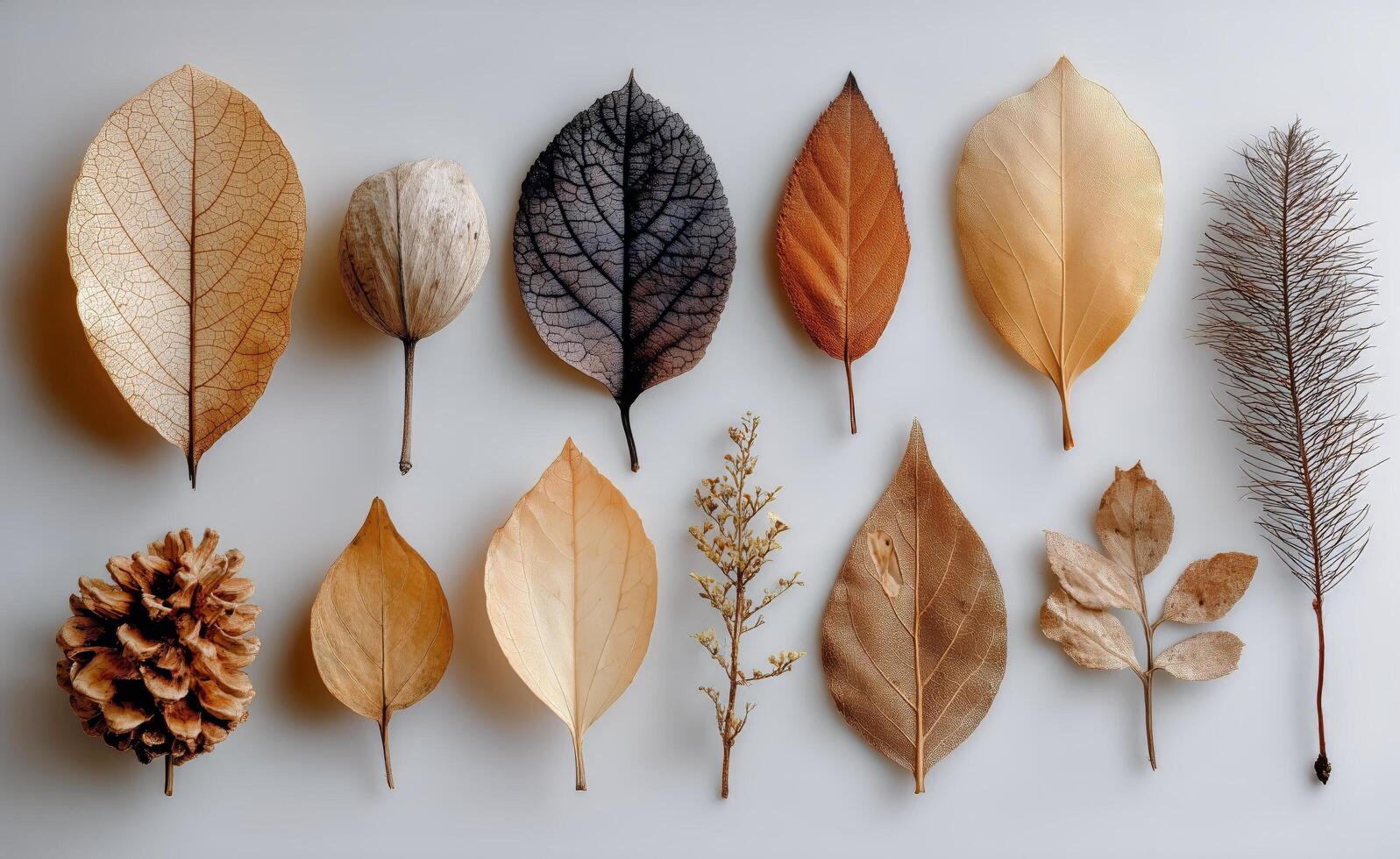 A collection of dried leaves arranged in a row photo