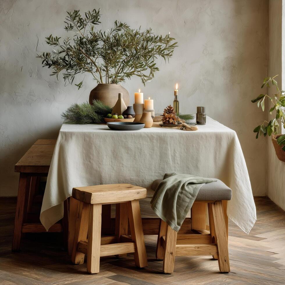 A table with a white tablecloth and wooden stools photo