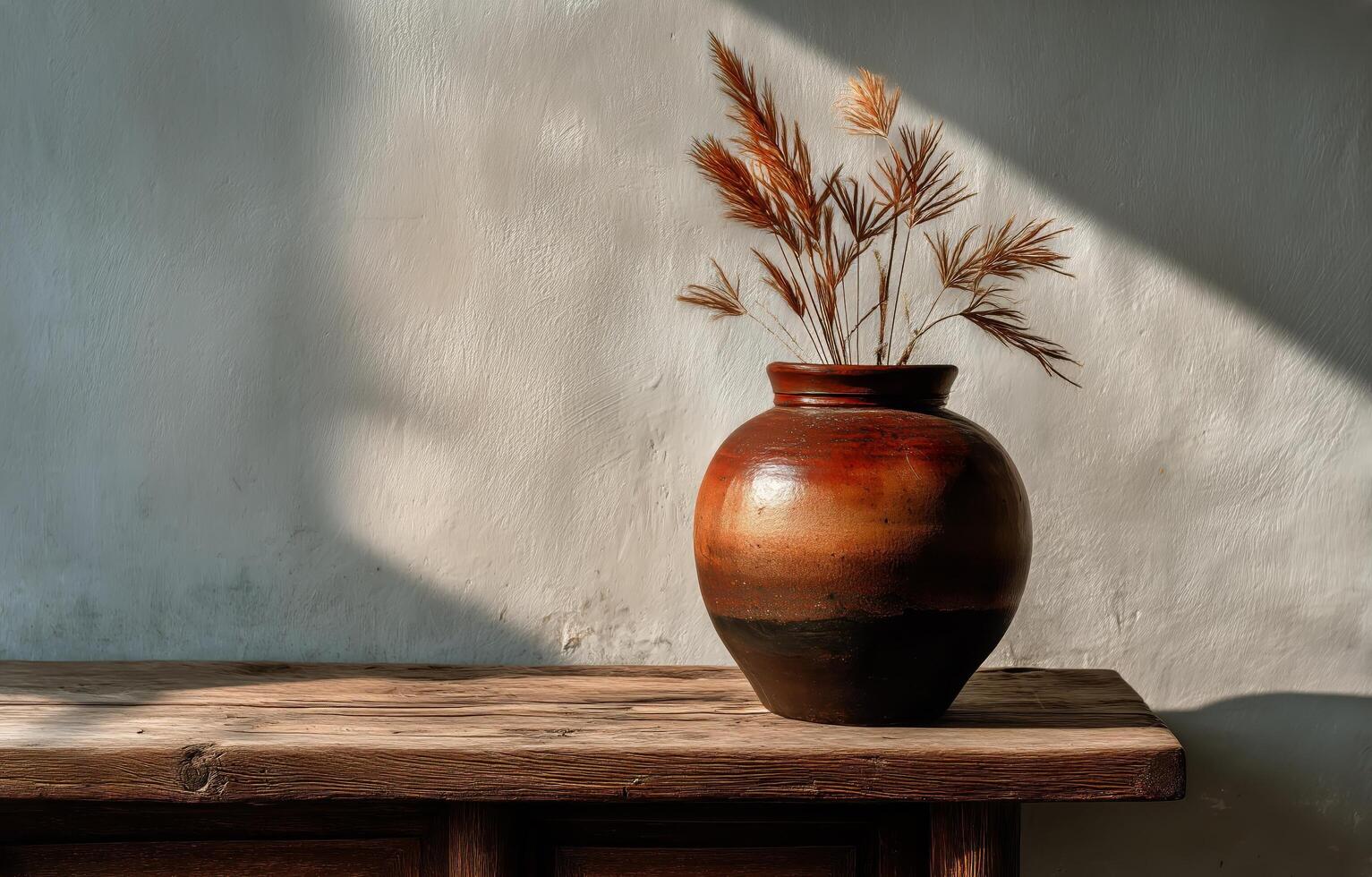 A vase with dried flowers sitting on a wooden table photo
