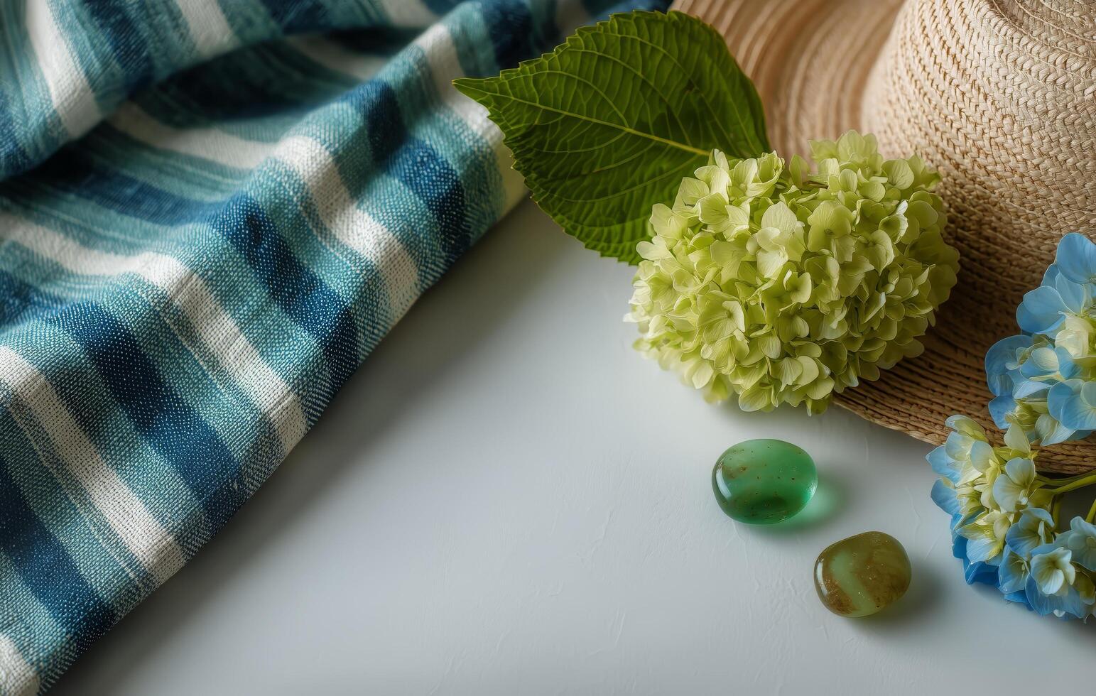 A hat, green stones and flowers on a blue and white striped cloth photo