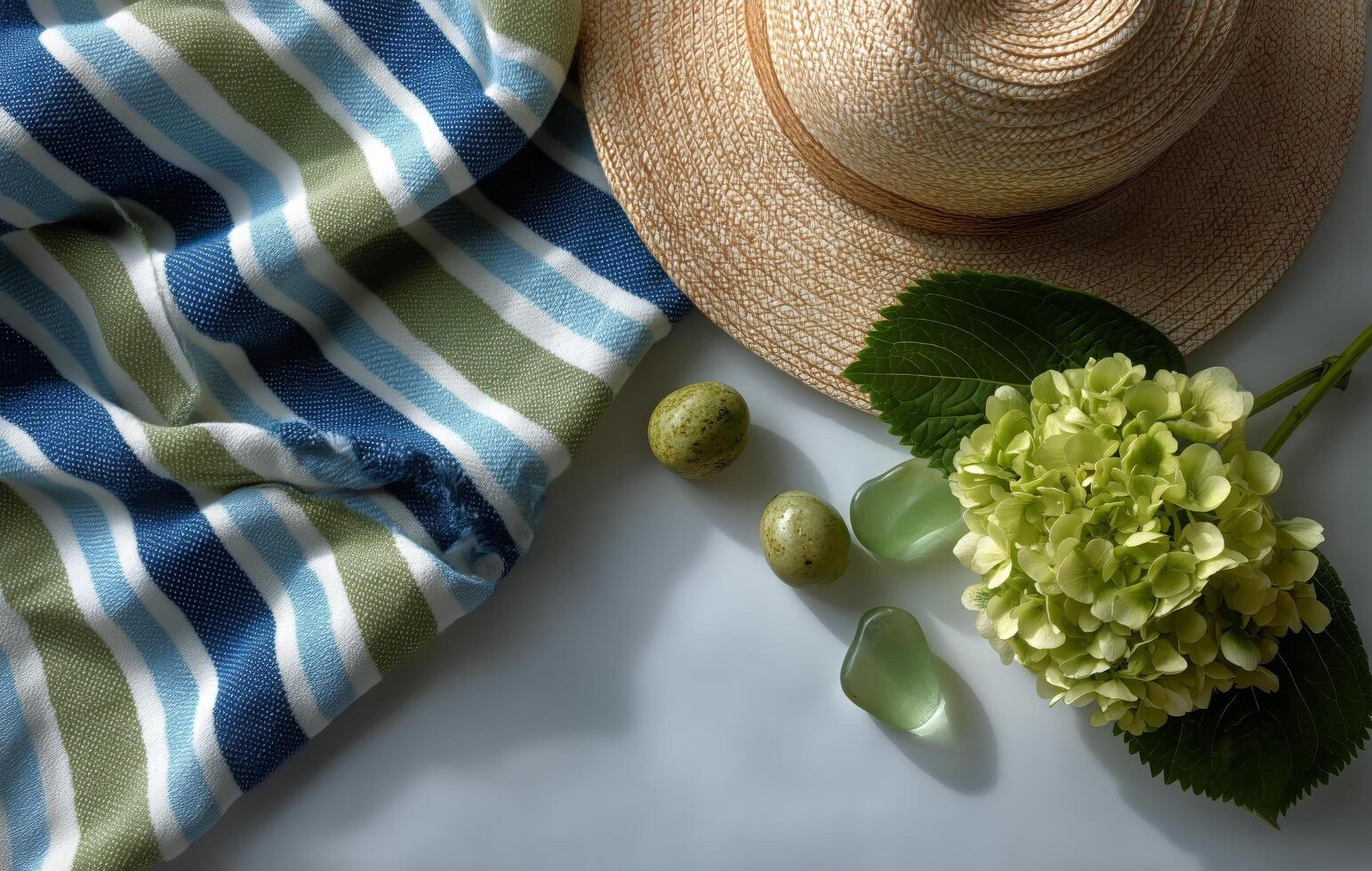 A hat, green flowers and a towel on a blue and green striped table photo