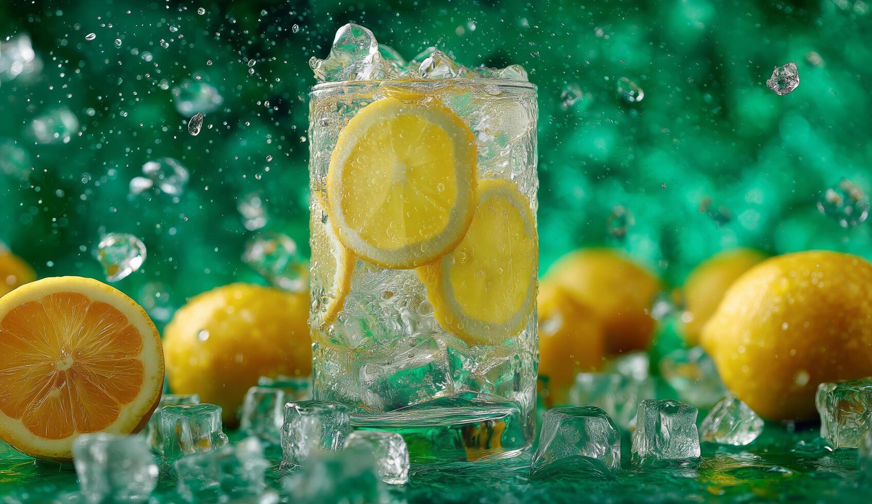 Lemon water with ice cubes photo
