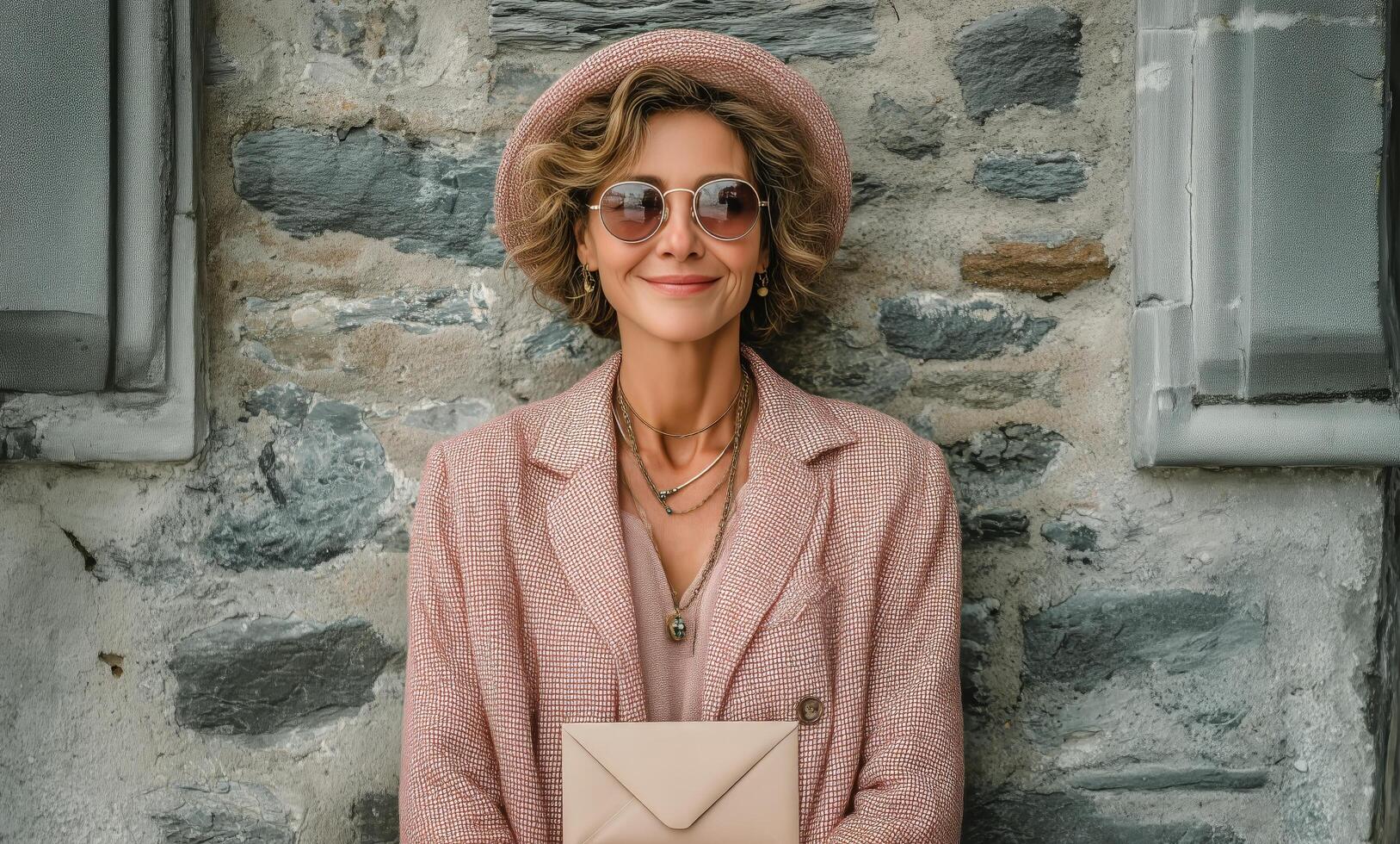 A woman in a pink coat and hat holding a pink envelope photo