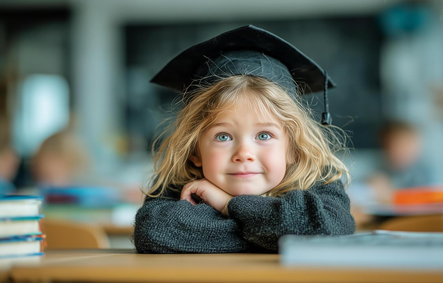 A young girl wearing a graduation cap sits at a desk photo