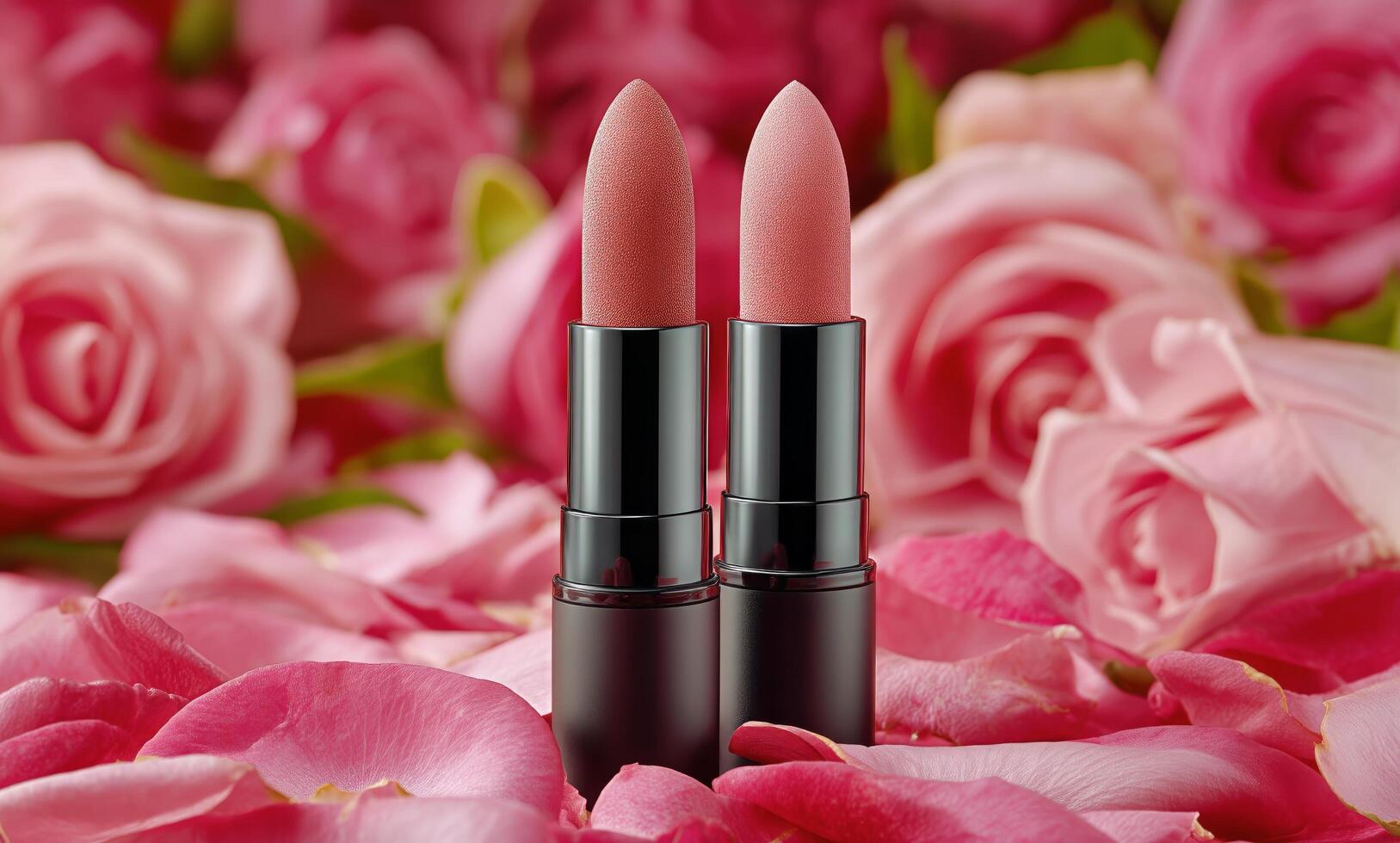 Two lipstick sticks are sitting on a flower bed photo