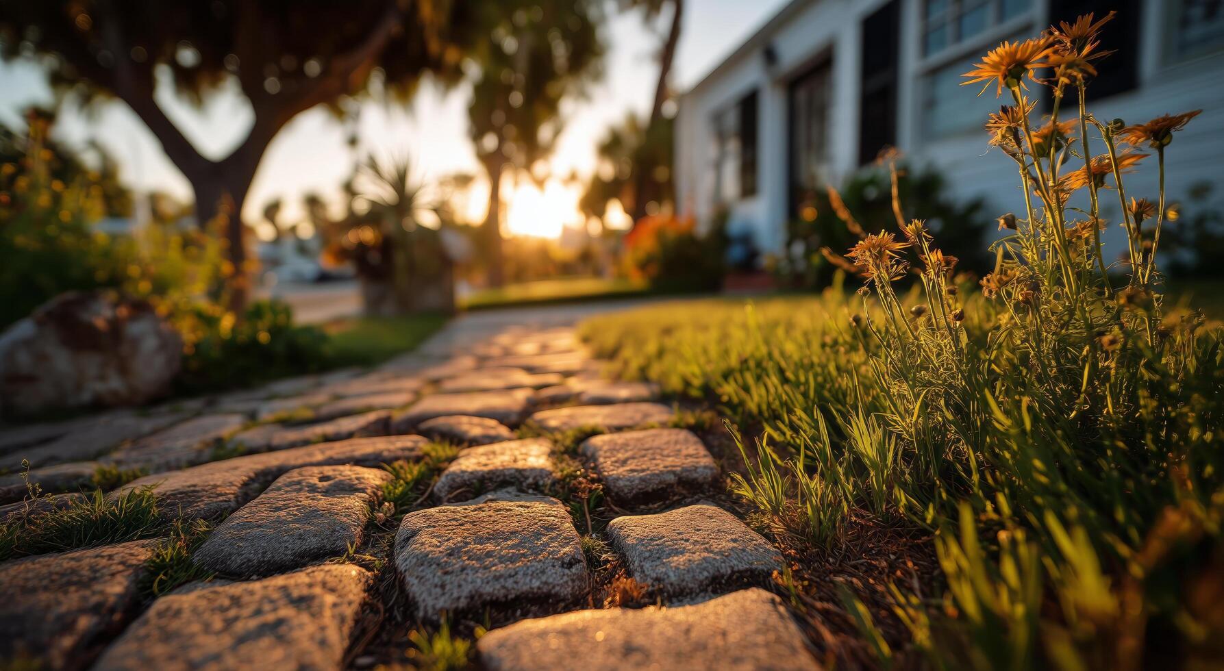 A stone path in front of a house at sunset photo