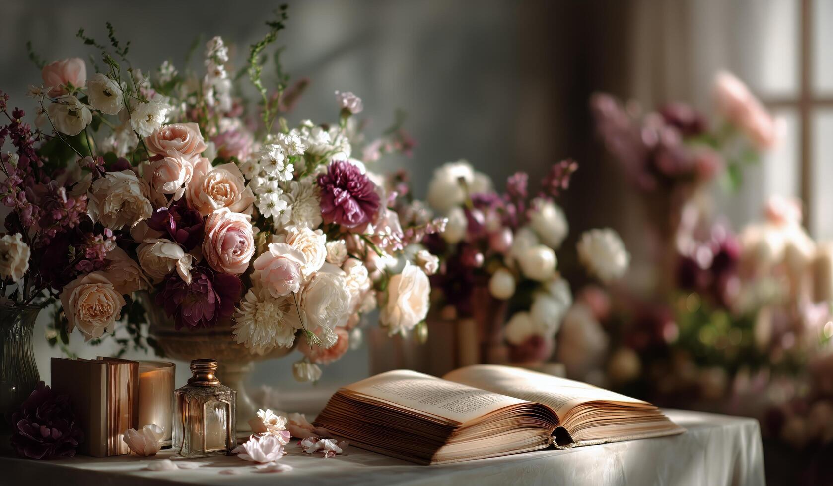 A bouquet of flowers and an open book on a table photo