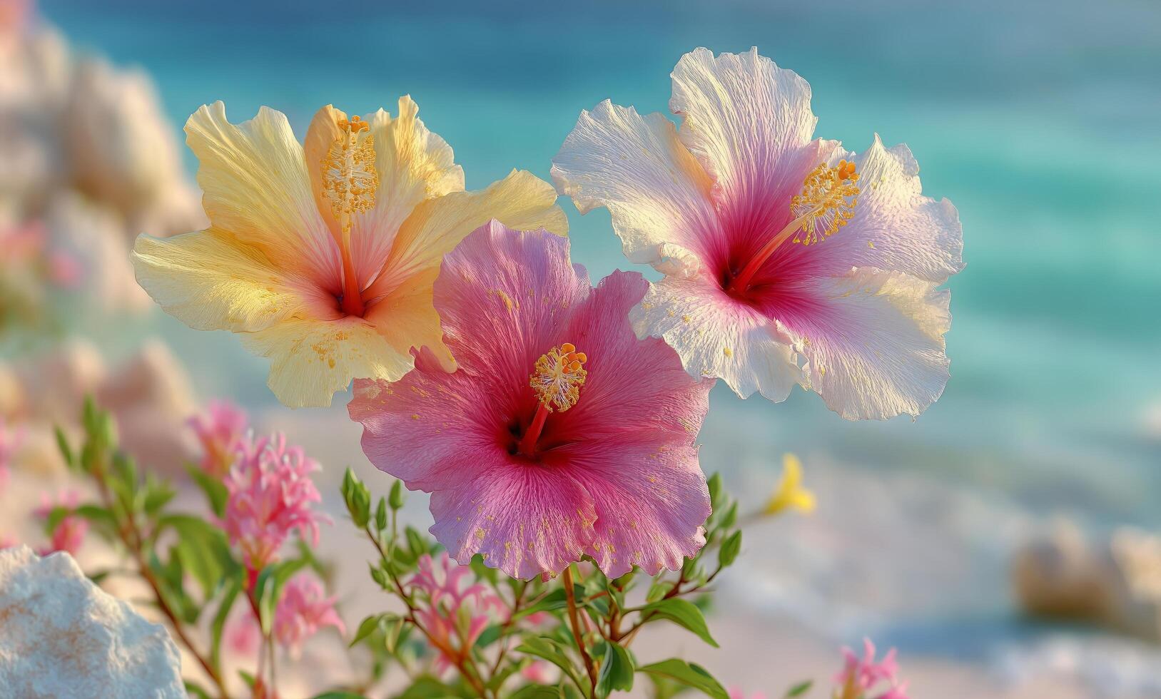 Two pink and yellow flowers are on the beach photo