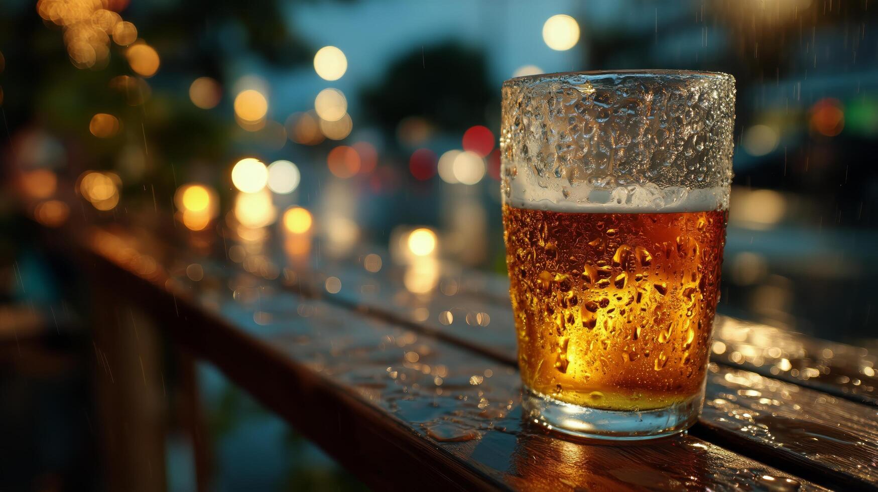 A glass of beer sitting on a wooden bench photo