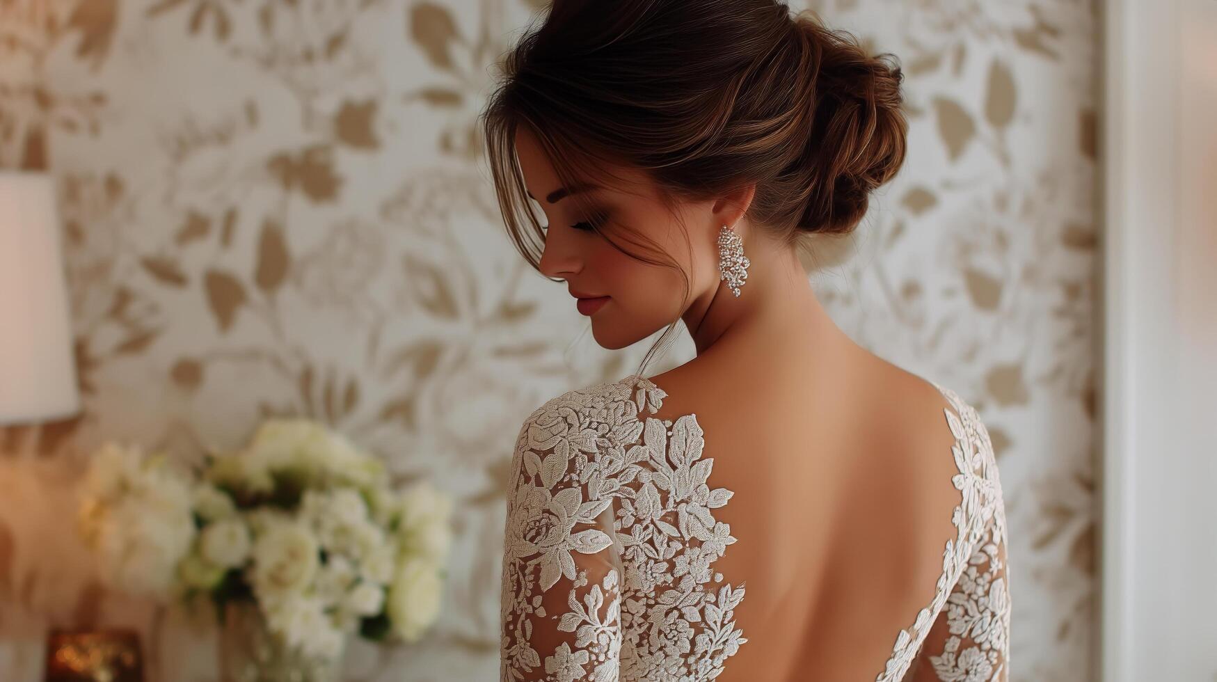 A woman in a wedding dress looking back photo