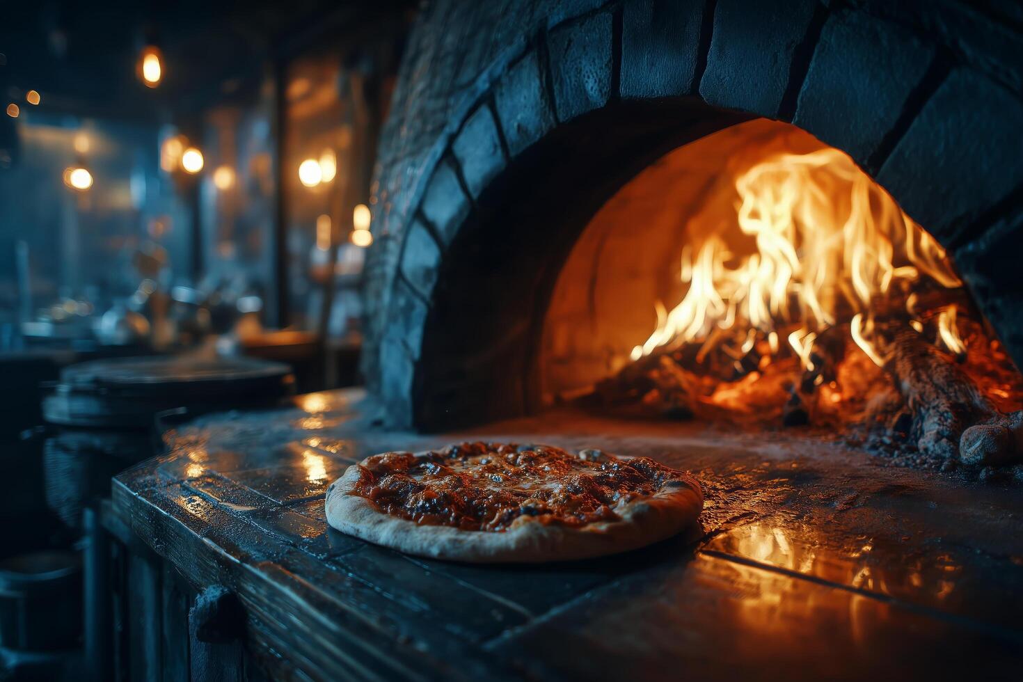 A pizza is sitting in front of a fire photo