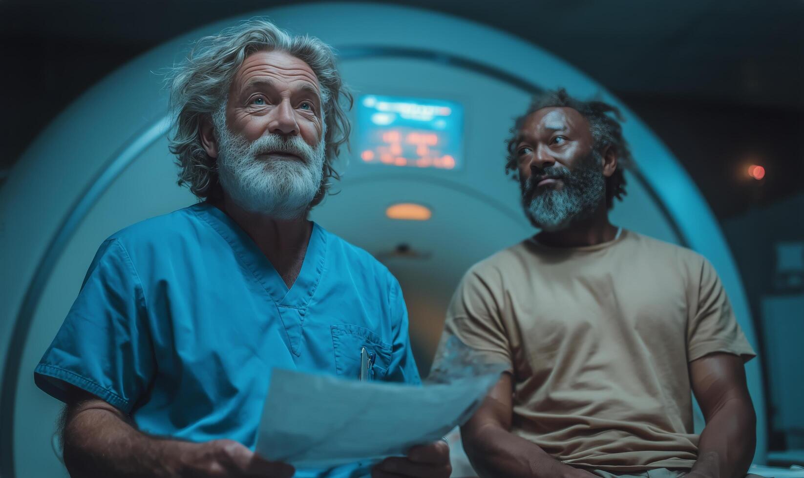 Two men in scrub suits standing in front of a mri machine photo