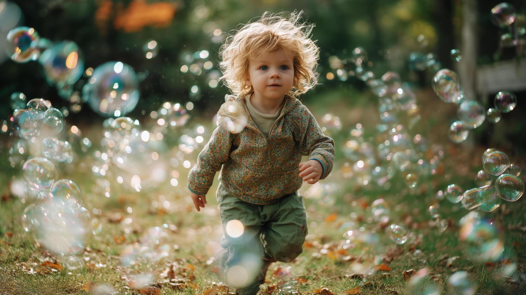 A young child running through a field of bubbles photo