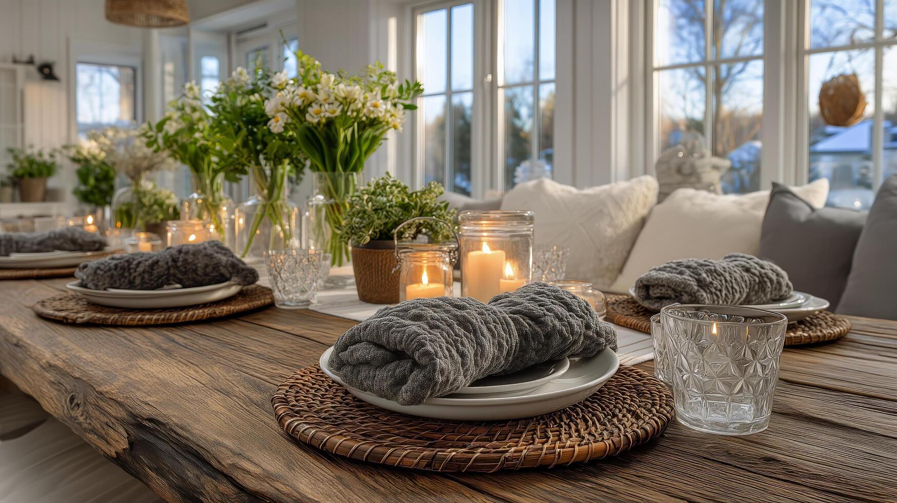 A table with a white tablecloth and candles photo