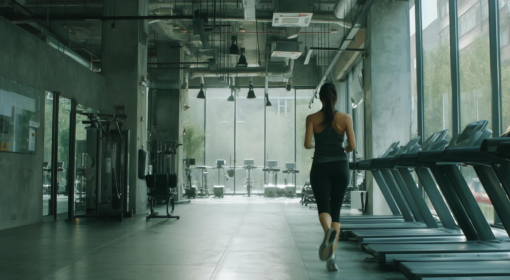 A woman running on a treadmill in a gym photo