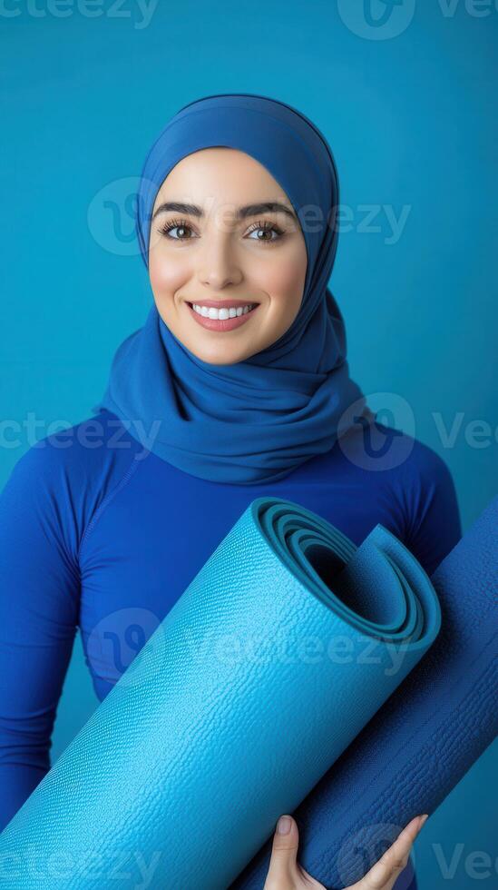 A Smiling Muslim Woman in Blue Attire Holding Yoga Mats Ready for Fitness photo