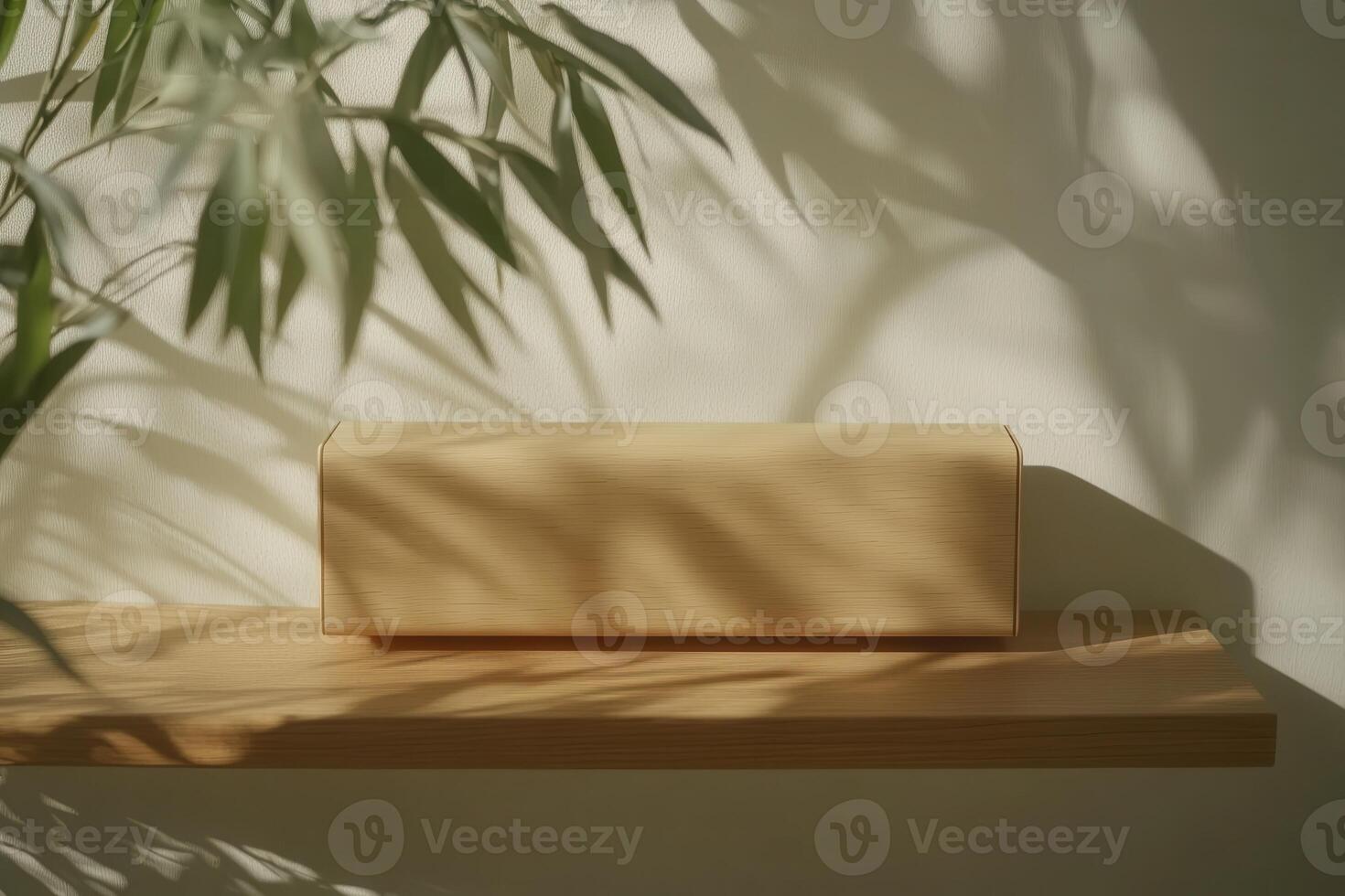 Wooden Shelf Display with a Box and Leaf Shadows against a Textured Wall under Natural Light photo