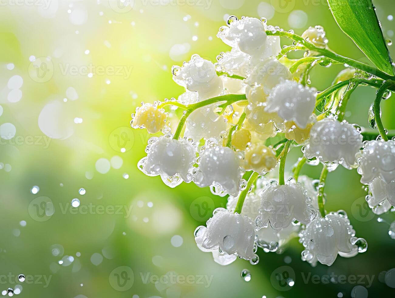 Close up Lily of the Valley Flowers with Water Droplets and Light Bokeh photo