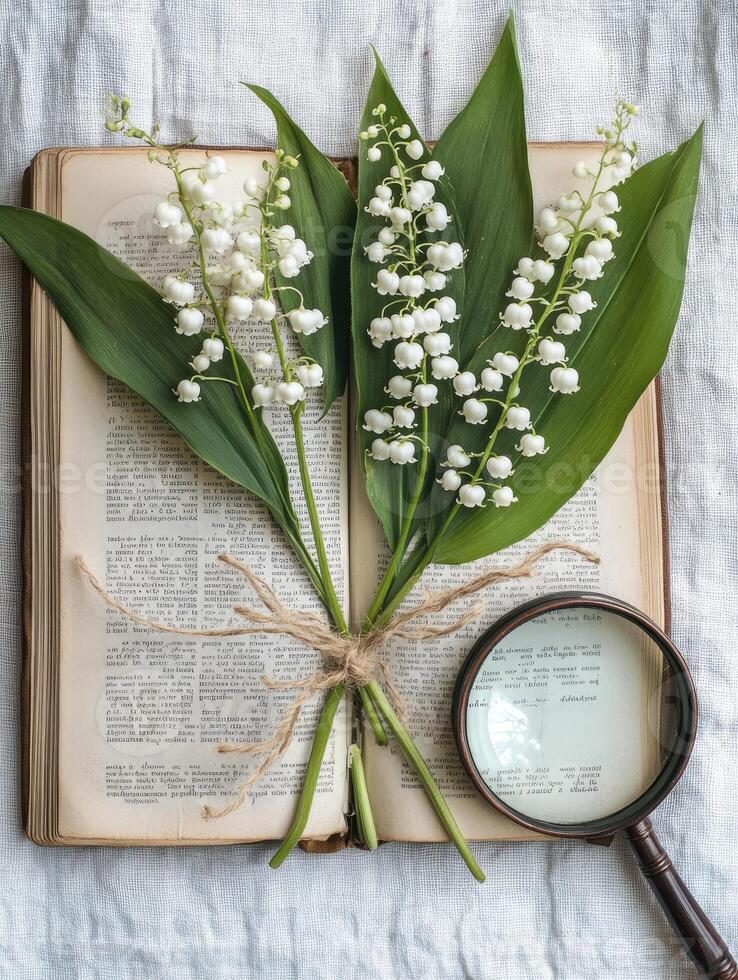Lily of the Valley Flowers and Old Book with Magnifying Glass photo