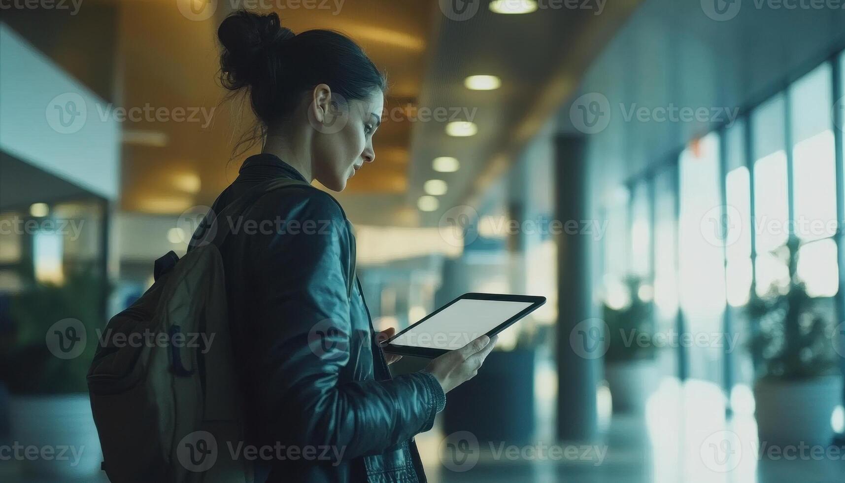 Woman Using Digital Tablet Inside A Building Near A Large Window Wearing A Black Jacket With A Backpack photo