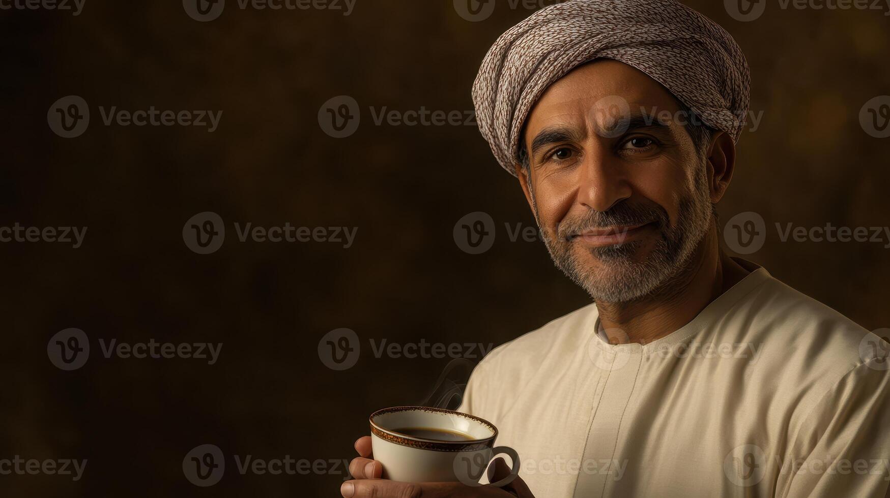 Portrait of a Middle Eastern Man Enjoying a Warm Cup of Coffee in Traditional Attire photo