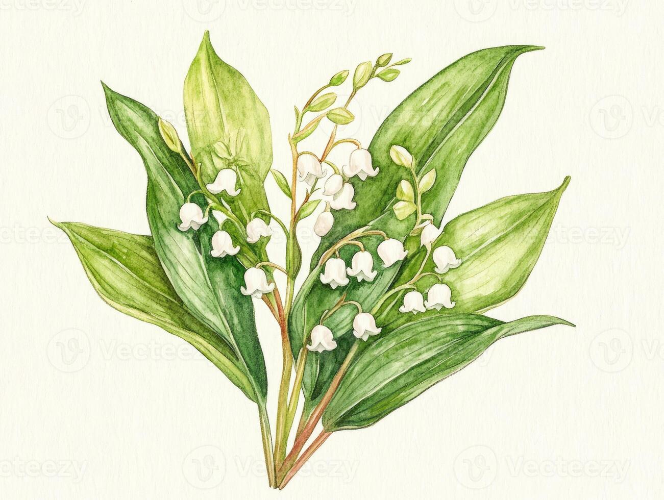 Elegant Lily of the Valley Bouquet Watercolor on White Background photo