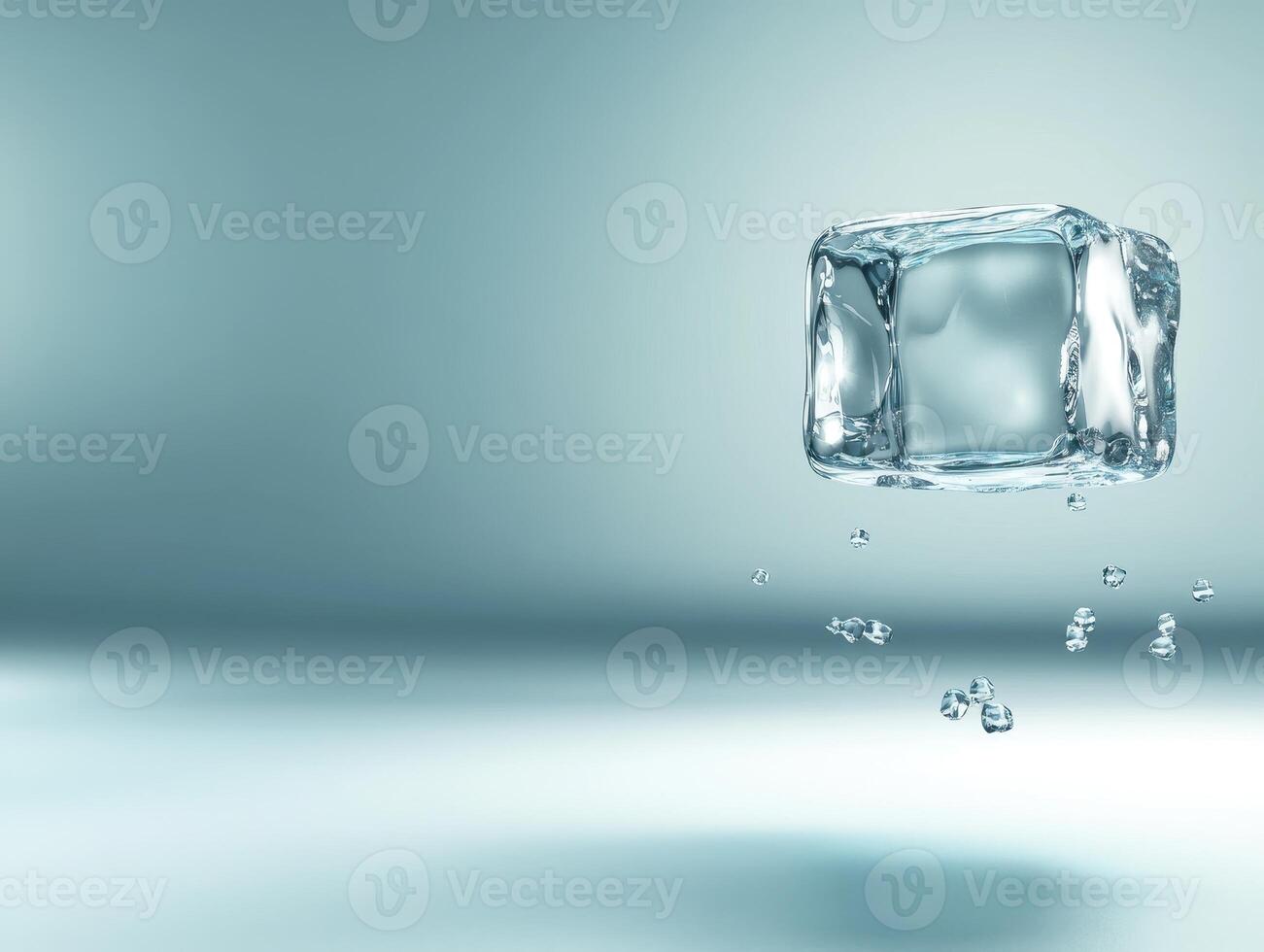 Translucent Ice Cube Suspended Above Water Droplets Against a Soft Blue Background photo