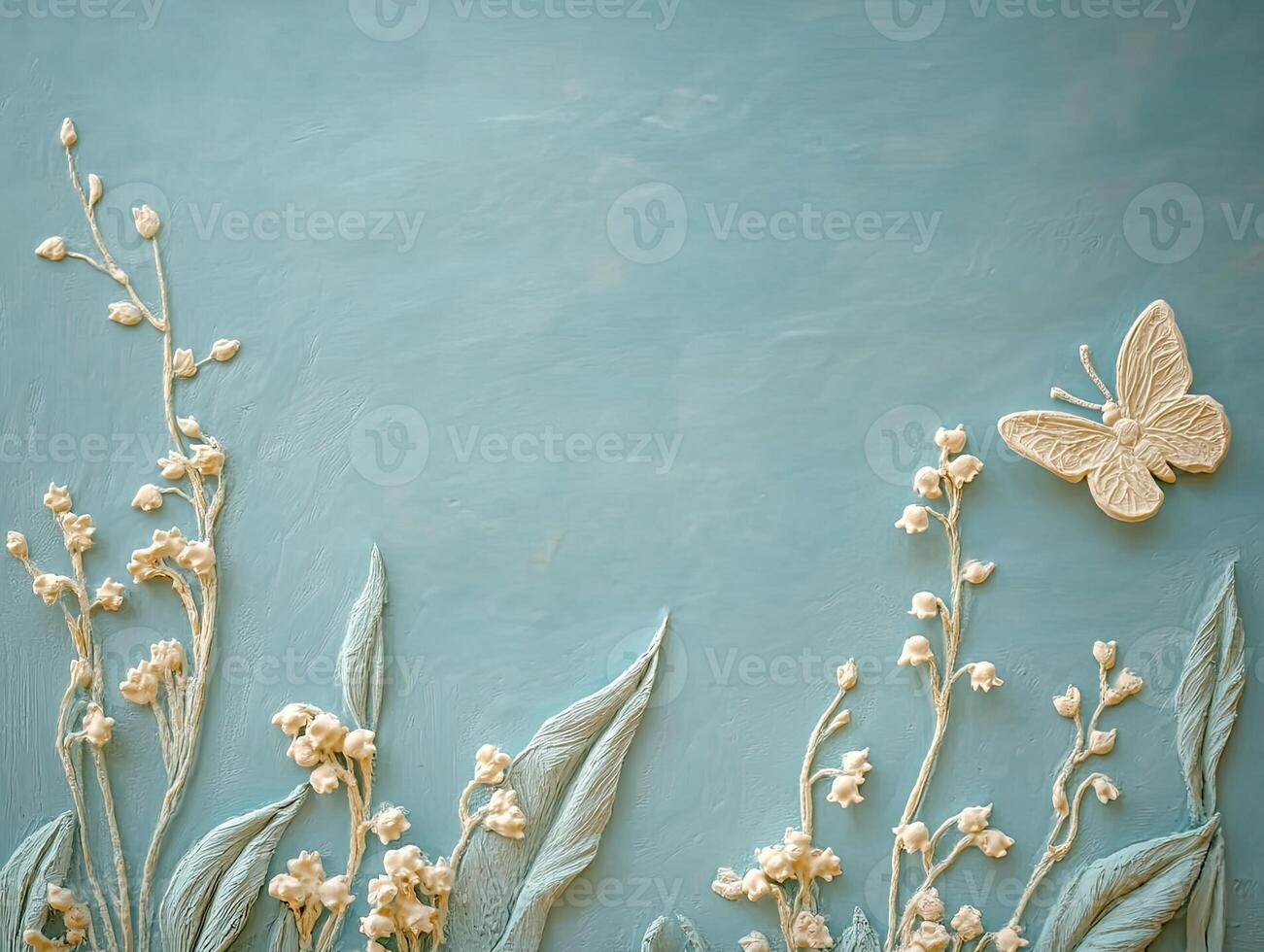 Lily of The Valley Flower Art with Butterfly on Blue photo