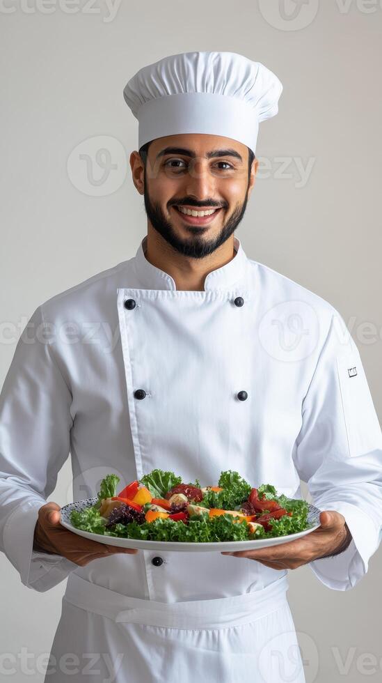 Smiling Chef Proudly Presenting a Fresh and Vibrant Vegetable Salad in a Professional Kitchen Setting photo