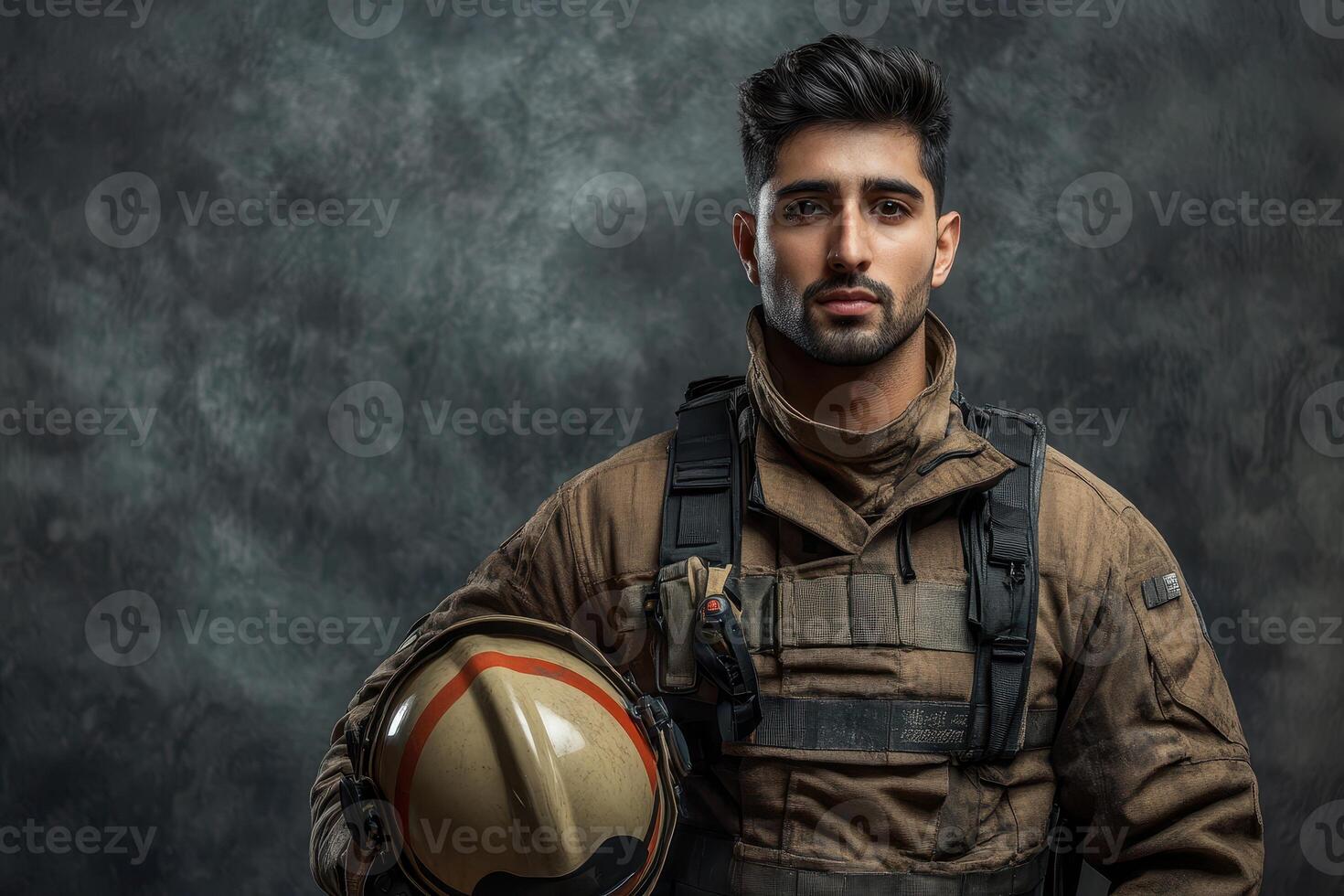 Portrait of a Confident Firefighter Ready for Action, a Brave First Responder in His Protective Gear photo