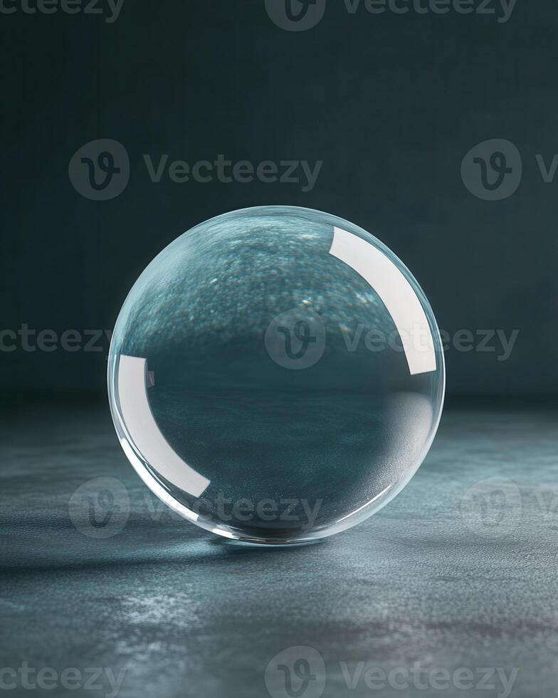 Transparent Glass Sphere Reflecting Dark Textured Surface with Soft Lighting photo