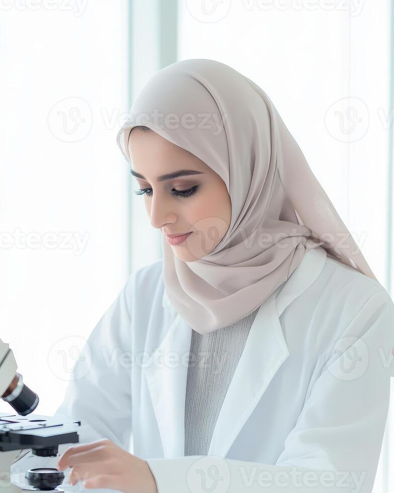 Focused Muslim Scientist Using Microscope in Lab photo