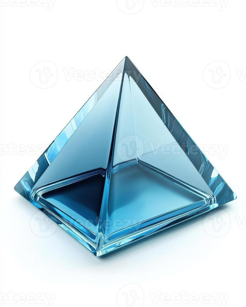 Transparent Blue Pyramid Sculpture Isolated on White Background With Geometric Shapes and Light Reflection photo