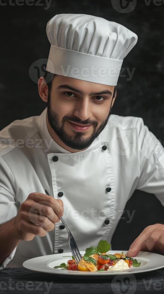 A Portrait of a Confident Chef Preparing a Delicious Salad in His Kitchen photo