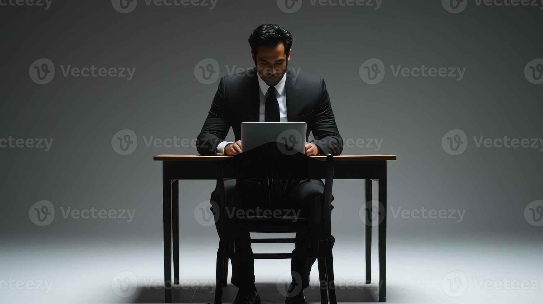 Focused Businessman Working on Laptop in Minimalist Studio Setting photo