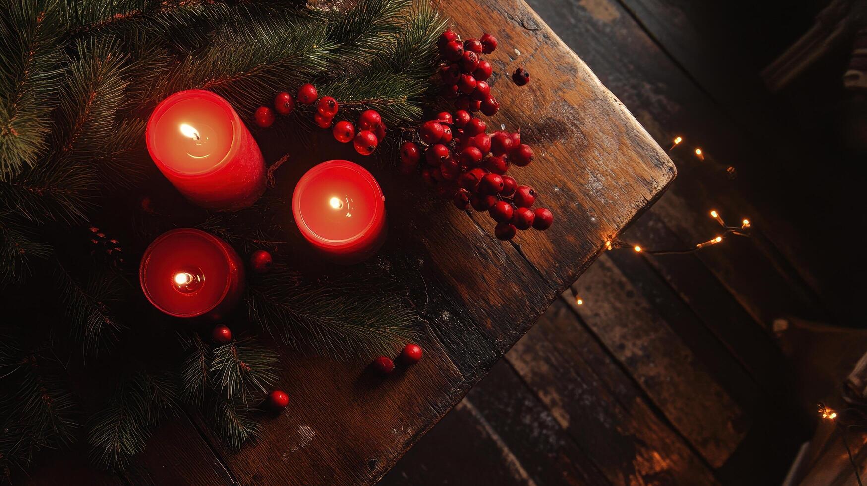 Candles and Berries on Wooden Table. photo