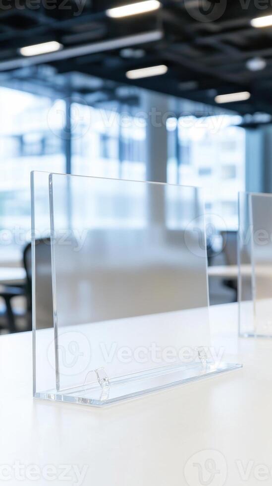 Transparent Acrylic Barriers on White Surface in Modern Office Interior with Blurred Background photo