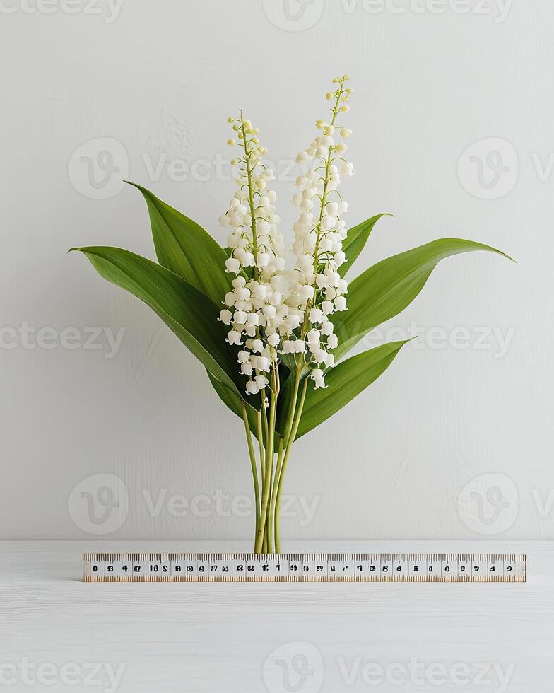Close Up Lily Of The Valley Flowers With Green Leaves And White Background photo