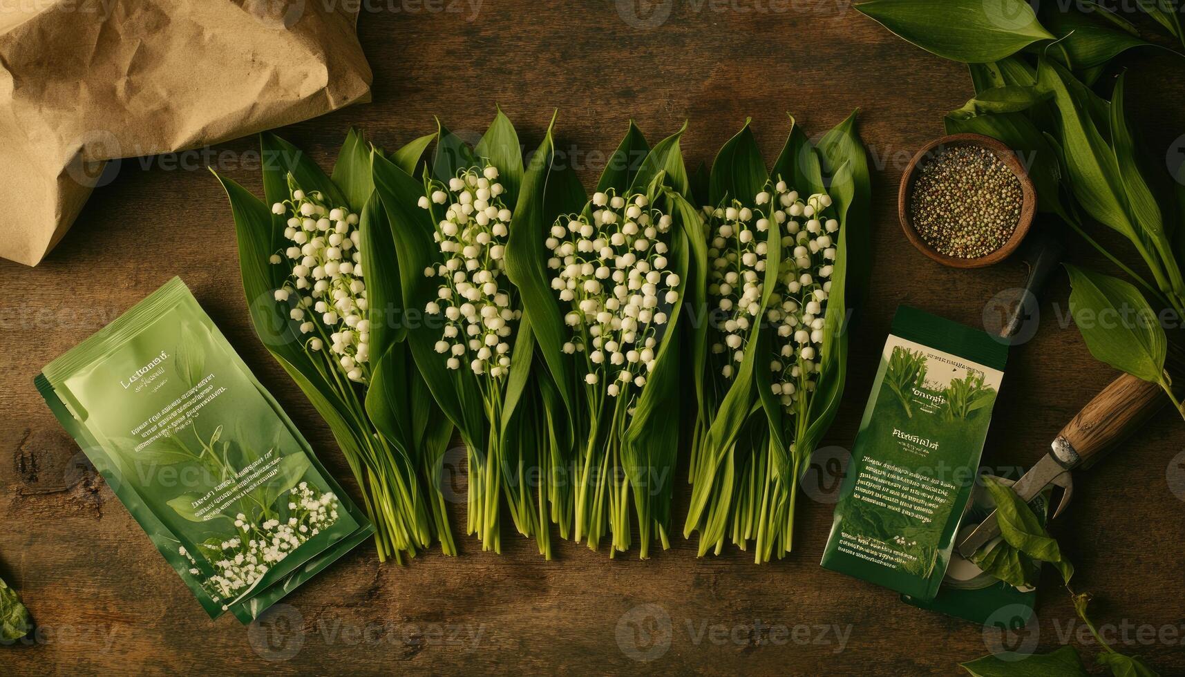Lily of the Valley Flowers With Green Leaves and Garden Tools on Dark Background photo