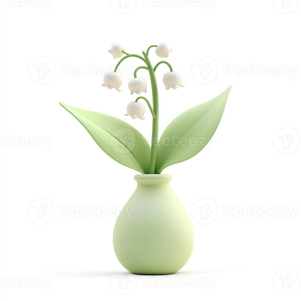 Lily of the Valley Flowers in Light Green Vase on White Backdrop photo